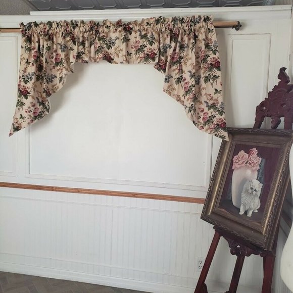 Swag Set & 42" Valance Wide Pocket 86W x 36L Cotton Twill Roses Floral Pattern - Picture 3 of 7